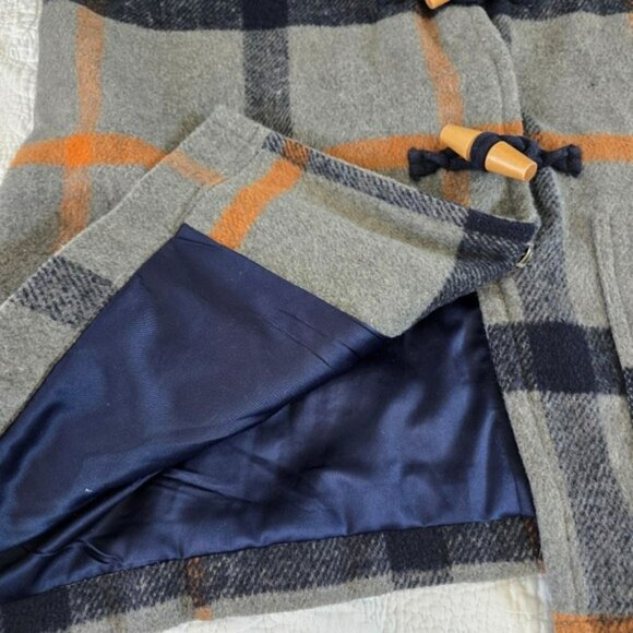 Modcloth Women's Gray Orange Plaid Pea Coat Size Medium Toggles Hooded Retro Y2K - Picture 11 of 15